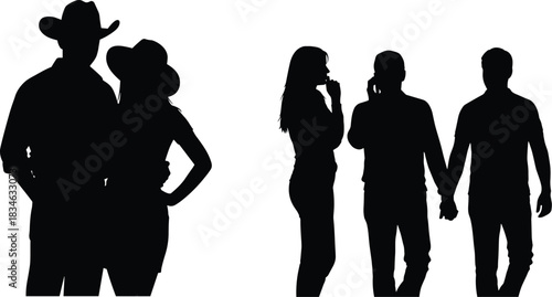 Black Silhouette Vector Illustration of Diverse People: Cowboy Couple Standing, Woman Talking on Phone, and Gay Couple Holding Hands Walking, White Background, Flat Design.