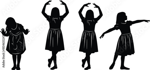 Black Silhouette Vector Illustration of Four Young Girls in Short Dresses Posing Together in Various Classical Dance or Ballet Positions, Isolated on White Background.