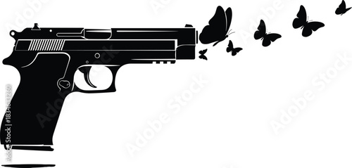Vector illustration of a handgun with butterflies flying out of the barrel, symbolizing peace, anti-violence, disarmament, freedom, transformation, hope, and social change concept graphic