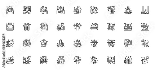 Hobby and Housework icon set. Vector illustration. Icludes symbols for gaming,piano, reading, yoga, cookng, gardening, laundry andmore. Editable stroke.