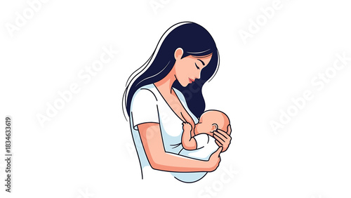 Illustration of a mother tenderly breastfeeding her newborn baby, depicting maternal love and care.