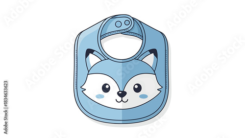 Cute light blue baby bib with a cartoon fox face design and snap closure.