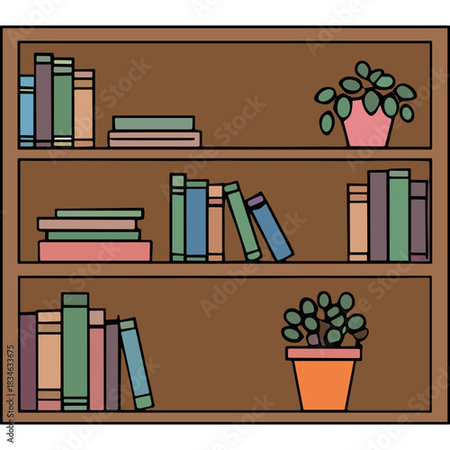 Brown Wooden Bookshelf Filled With Assorted Books And Potted Green Plants On A White Background Minimalist Design