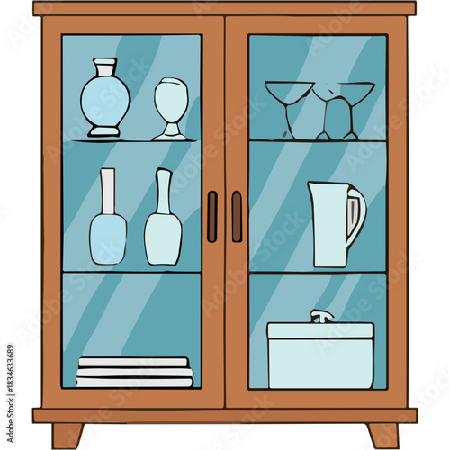 Brown wooden display cabinet with glass doors filled with various light blue ceramic vases bottles glasses and a lidded box on a white background simple illustration