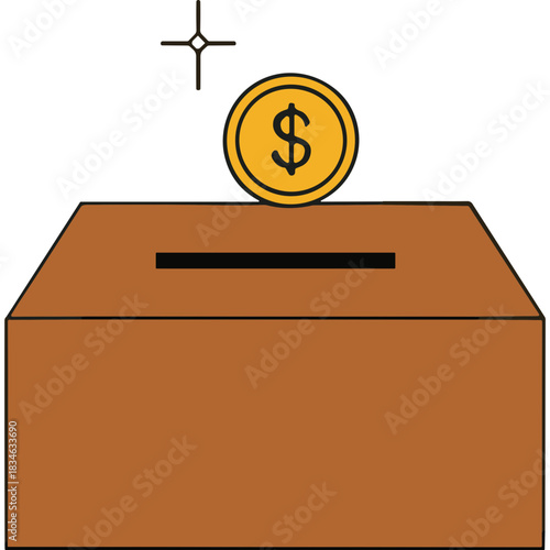 Brown Wooden Donation Box With Slot for Coins and Golden Dollar Coin Falling Into it on Black Background Illuminated by Soft Light