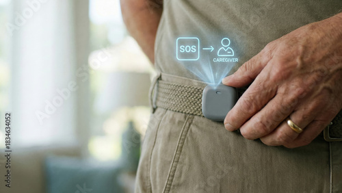 Emergency alert device on belt with SOS caregiver notification for safety and transfer of help in silver tone supporting economy