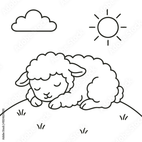 Sweet Slumber: A serene scene featuring a cuddly lamb dozing peacefully under a sunny sky, evoking warmth and tranquility.
