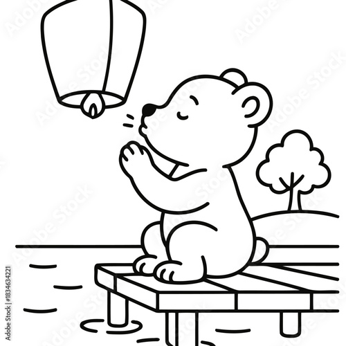 A Whimsical Wish: A serene bear cub on a wooden pier gazes adoringly at a floating lantern, embracing hope and dreams. A touch of innocence, joy, and peace
