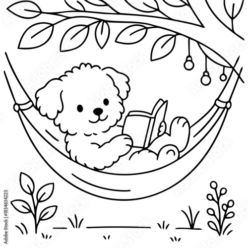 Relaxing Canine Reader: A charming illustration shows a cuddly canine peacefully enjoying a book while lounging in a hammock, embracing a sense of relaxation and leisure.