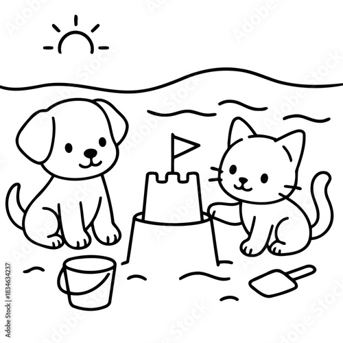 Joyful Beach Day: A charming kitten and puppy share a delightful day at the beach, building a sandcastle under the radiant sun, embodying the spirit of friendship and carefree play.