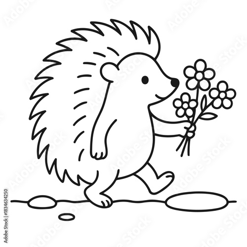 Adorable Hedgehog's Gift: A charming illustration showcases a cute hedgehog cheerfully walking while holding delicate flowers, conveying sweetness and happiness.