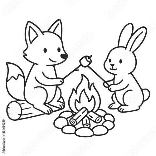 Fox and Rabbit roasting Marshmallow: A charming illustration depicts a playful scene, where a friendly fox and a curious rabbit gather around a crackling campfire to roast marshmallows.