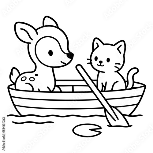 Friendship Afloat: A delightful illustration showcases a charming deer and a cute cat sharing a boat ride on a calm waterway, a testament to companionship and simple pleasures.