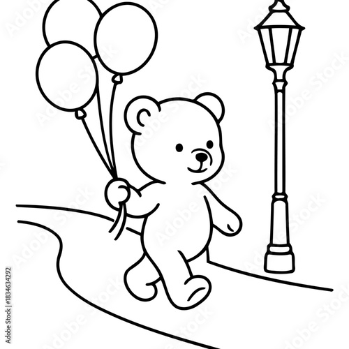 Teddy Bear with Balloons: A charming sketch of a teddy bear, balloons in paw, taking a leisurely stroll down a pathway past a classic street lamp. Perfect for evoking a sense of nostalgia.