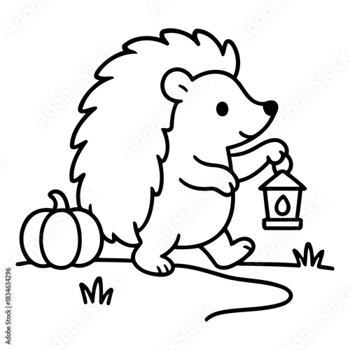 Hedgehog's Evening Stroll: An adorable hedgehog carries a lantern, setting off on a night adventure with a pumpkin, exuding warmth and charm.