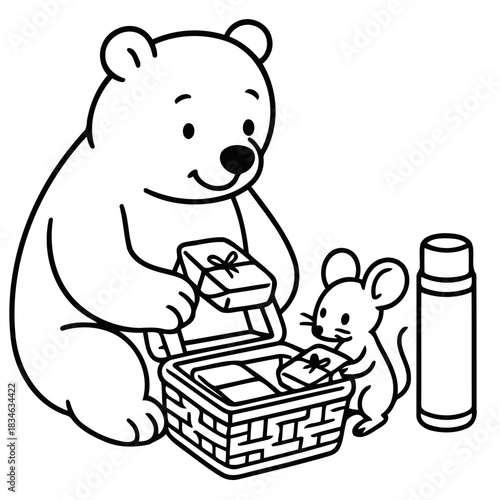 A Playful Partnership: An endearing bear and a cheerful mouse are arranging presents, possibly for a special occasion. Their camaraderie radiates a feeling of joy and warmth.