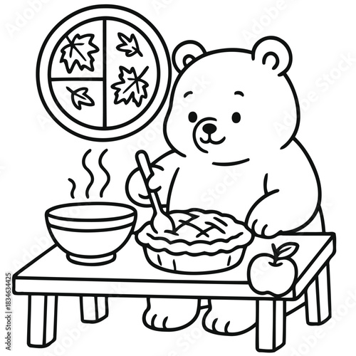 Cozy Mealtime: An adorable bear enjoys a delicious pie with a steaming bowl of soup set before a round window adorned with falling leaves. The scene evokes warmth and the comforts of home.