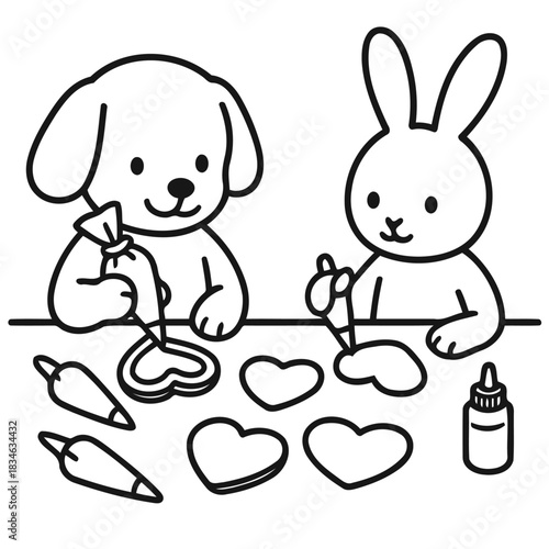 Baking Fun: A charming dog and bunny team up, decorating heart-shaped cookies together in a heartwarming scene.