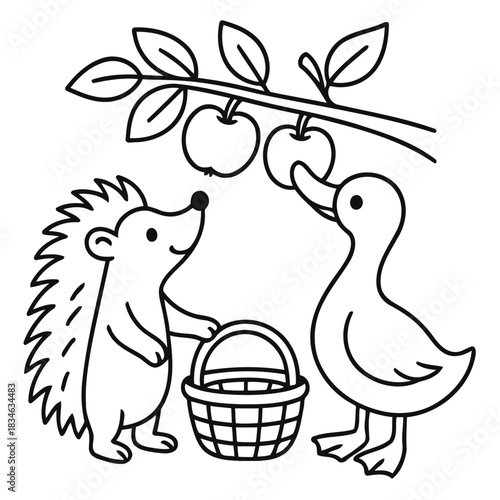 Friendly Foragers: A heartwarming illustration depicts a hedgehog and a duck collaborating to gather apples from a tree, symbolizing companionship, teamwork, and the joys of autumn harvest. 