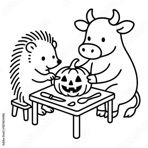 Spooky Pumpkin Carving: An endearing illustration shows a cow and a hedgehog working together to carve a grinning jack-o'-lantern.