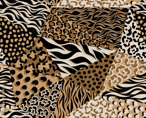 Seamless patchwork pattern. Hand draw animals pattern in vector. Tribal animals collage pattern.