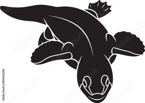 Black stylized axolotl or amphibian larva swimming vector illustration, top view, isolated aquatic animal icon for design.