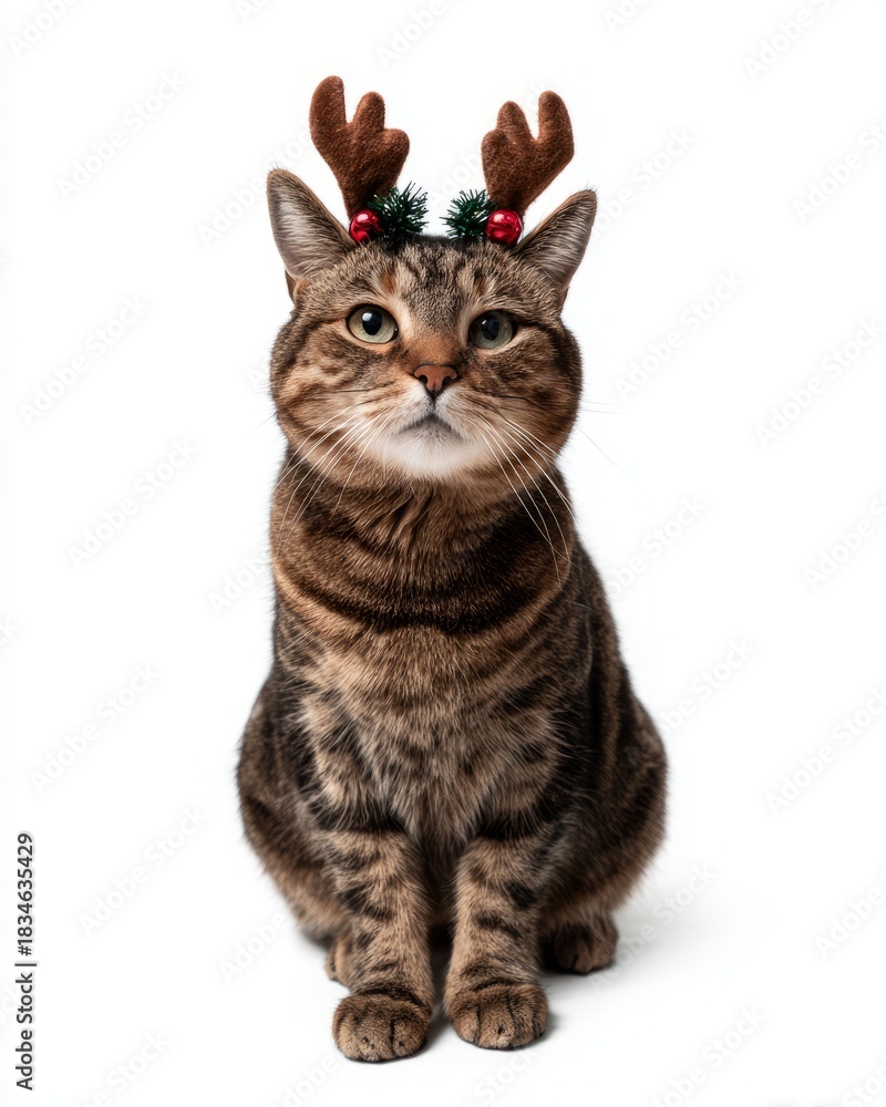 Fototapeta premium Cute cat dress up with funny reindeer horn headband looking at camera for Merry Christmas greeting card and Happy New Year holiday celebration.