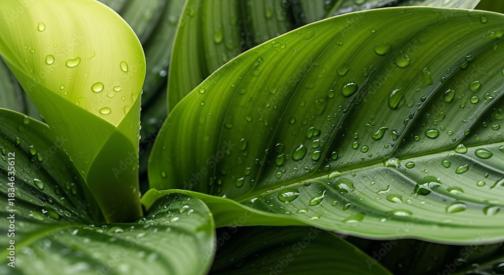 Obraz premium Lush greenery with water droplets highlights nature's intricate details and refreshing vibrancy.