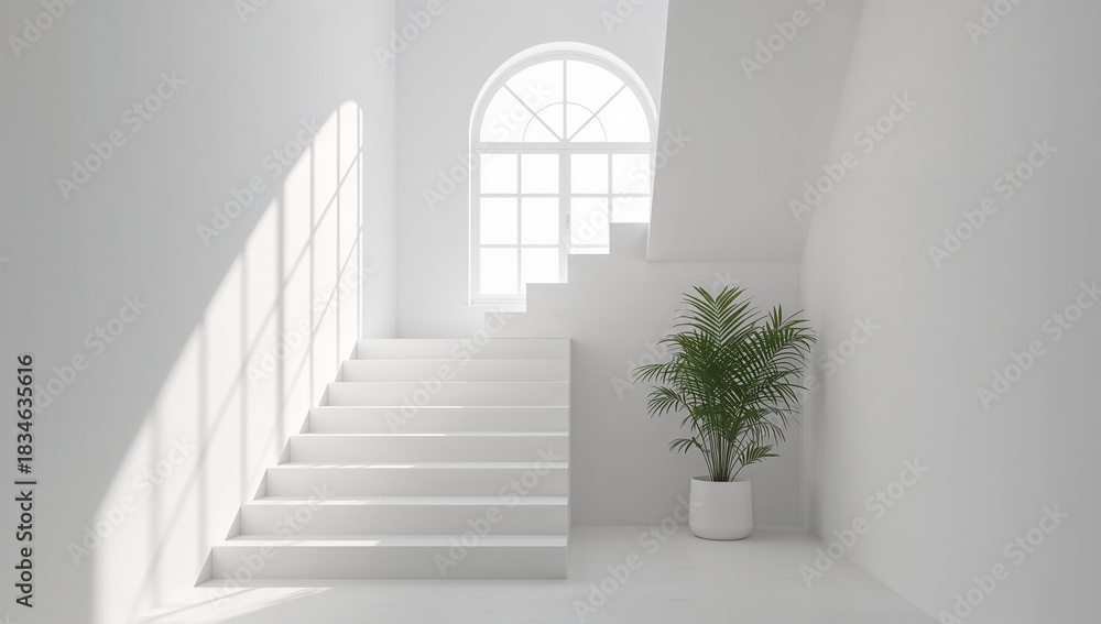 Fototapeta premium Bright minimalist white staircase with sunlit window view