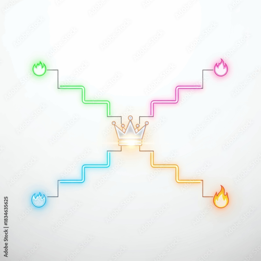 Fototapeta premium Glowing Routes to Success Illuminated Paths Leading to a Crown Symbolizing Achievement