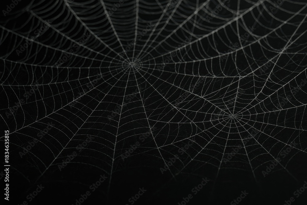 Fototapeta premium Close up on intricate spider web details on a dark backdrop, natural macro photography, web texture, nature art