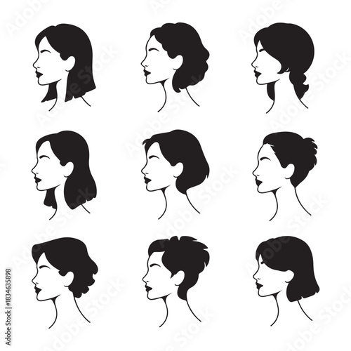 Woman heads in profile. Beautiful female faces profiles vector silhouette