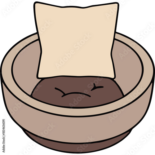 Cartoon Illustration Of A Brown Blob With Closed Eyes Wearing A Square Paper Hat Sitting In A Clay Bowl With A Black Background