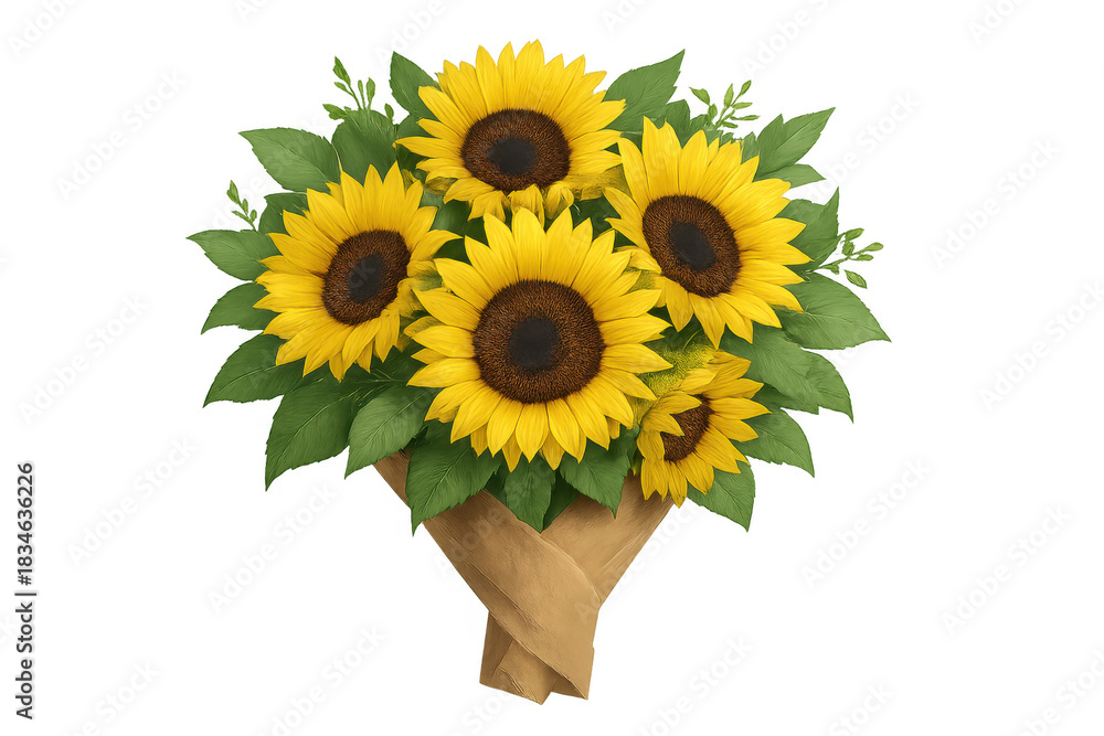 Obraz premium Sunflower bouquet with green leaves and a brown wrap, illustrating summer flora, nature, and harvest on transparent background