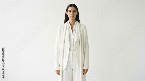 Woman in cream color outfit, representing cloud dancer fashion trend 2026. Minimalist style, elegant apparel, beauty model on white background.