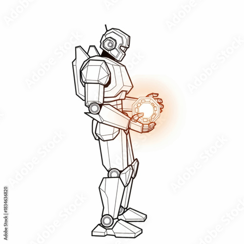 Futuristic metallic robot character illustration with glowing energy orb in hands, advanced technology concept