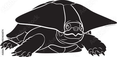 Iconic black and white illustration of a slow-moving land turtle or tortoise, shell prominent, front view.