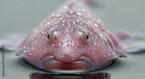 Macro Photograph Showcasing the Unique Texture and Fragile Beauty of a Blobfish Covered in Droplets