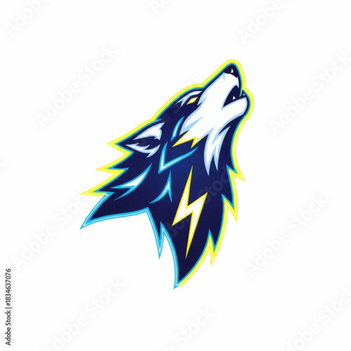 Dynamic howling wolf mascot emblem with an electric lightning bolt and glowing yellow eyes vector