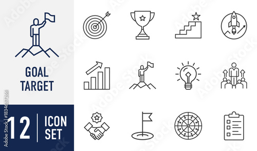 Goal Target line icons set. collection of outline symbols for business strategy, achievement, success, growth, and leadership concepts. Vector