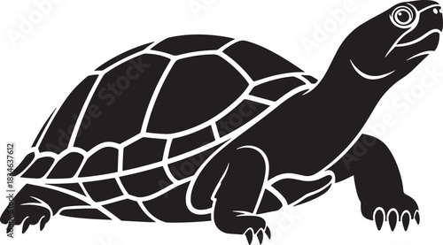 Stylized black silhouette of a happy turtle, looking up, walking with a textured shell design, side profile.