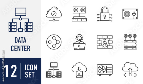 Data Center line icons set. related icon cloud computing, network security, and server infrastructure line icon set for digital technology and it solutions. Vector