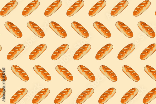 Seamless pattern of cartoon baguettes on white background for wrapping, packaging, wallpaper, and fabric print; vector illustration of fresh French bread, pastry, bakery food texture.