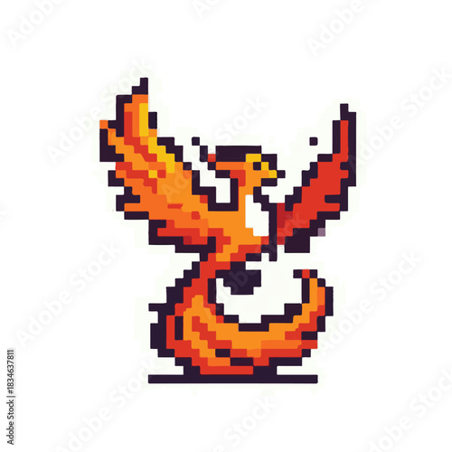 Vibrant pixel art phoenix icon with fiery wings, a majestic mythological bird symbolizing rebirth, resilience, and transformation in a striking digital graphic design
