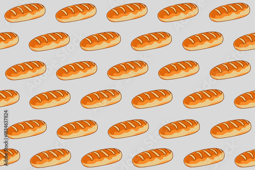 Seamless pattern of cartoon baguettes on white background for wrapping, packaging, wallpaper, and fabric print; vector illustration of fresh French bread, pastry, bakery food texture.