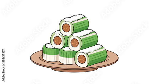 Delicious Green Dessert Rolls Stacked on a Plate sweet dessert indonesian food putu bambu traditional