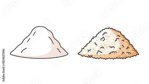 Two Piles of Fine Powder and Granules Isolated on White Background sweet dessert indonesian food putu bambu traditional
