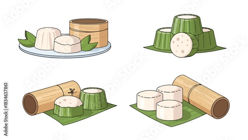 Assortment of Delicate Sweet Desserts and Pastries Presented with Natural Elements sweet dessert indonesian food putu bambu traditional