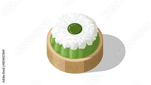 Delicious Matcha Green Tea Dessert in a Wooden Bowl with Fluffy White Topping sweet dessert indonesian food putu bambu traditional