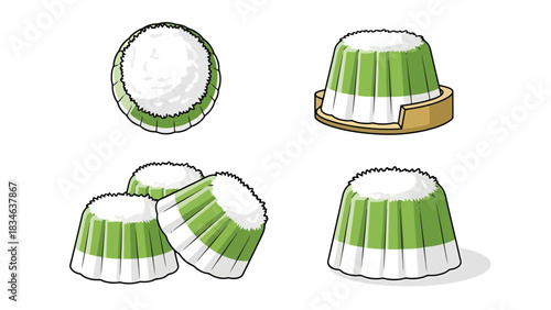 Sweet Dessert Cups Collection Top View Side View Stacked and Single sweet dessert indonesian food putu bambu traditional